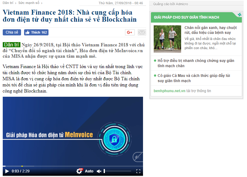 Báo điện tử Dân trí nhấn mạnh MISA là đơn vị cung cấp hóa đơn điện tử duy nhất chia sẻ về Blockchain tại hội thảo Vietnam Finance 2018 Báo điện tử Dân trí nhấn mạnh MISA là đơn vị cung cấp hóa đơn điện tử duy nhất chia sẻ về Blockchain tại hội thảo Vietnam Finance 2018