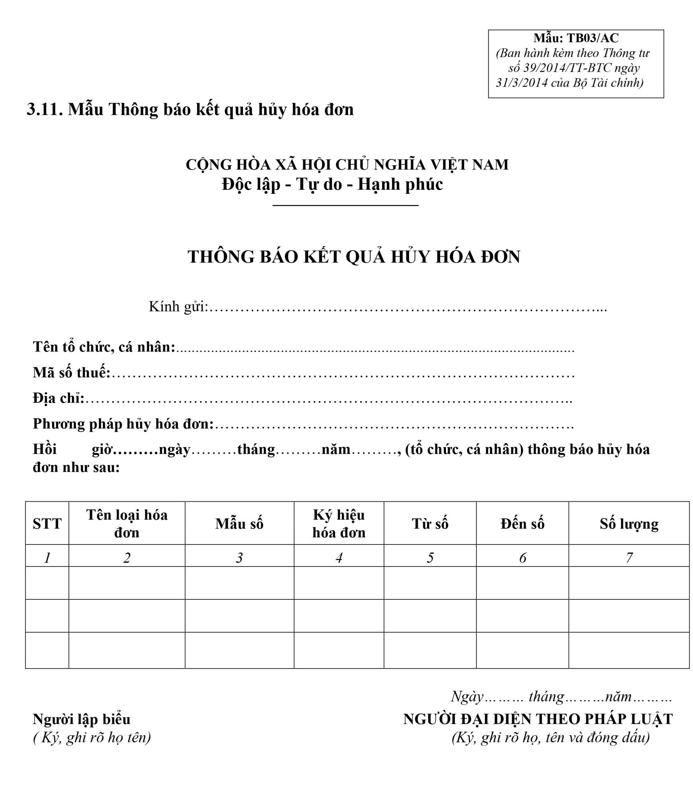 Mẫu số 3.11 Phụ lục 3 ban hành kèm theo Thông tư 39