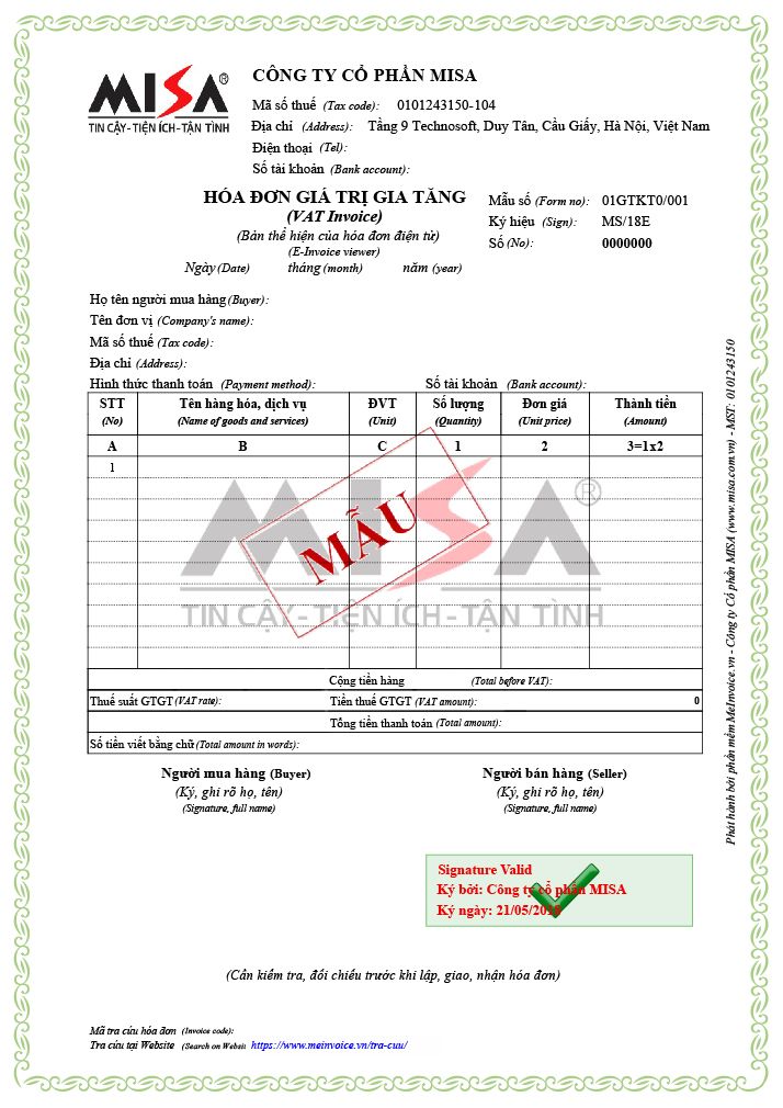 Mẫu Hóa đơn điện tử