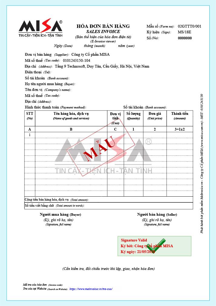 Mẫu Hóa đơn điện tử bán hàng