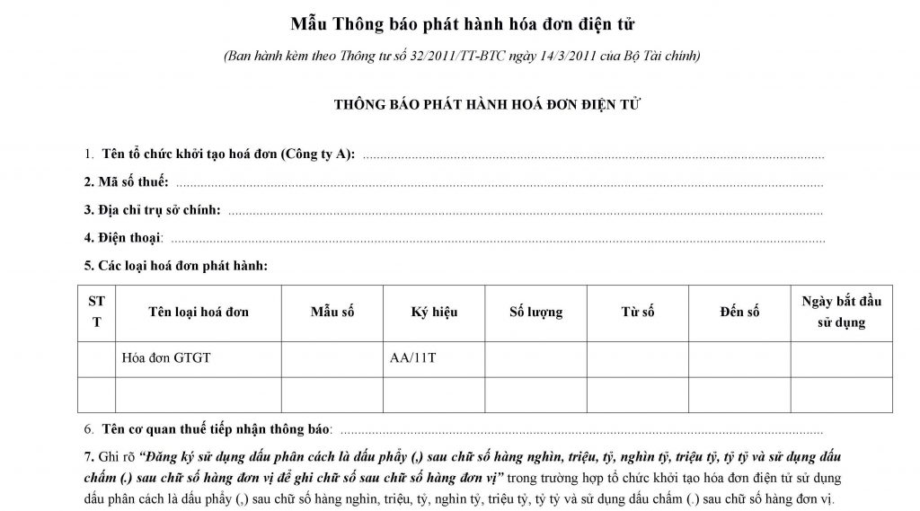Mẫu thông báo phát hành hóa đơn điện tử