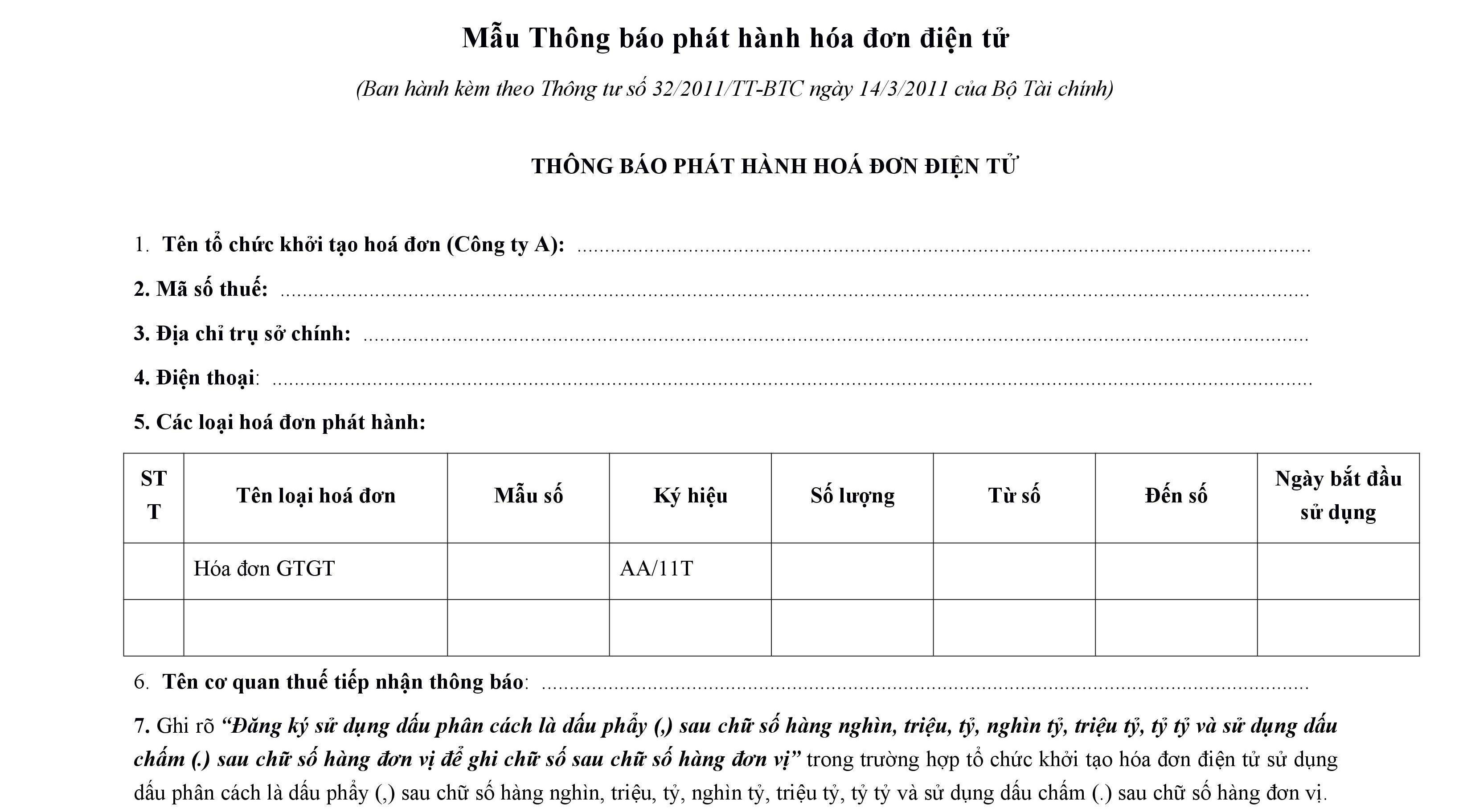 Mẫu thông báo phát hành hóa đơn điện tử