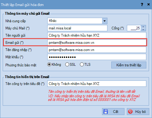 Nhập sai email gửi khi thiết lập email gửi hóa đơn