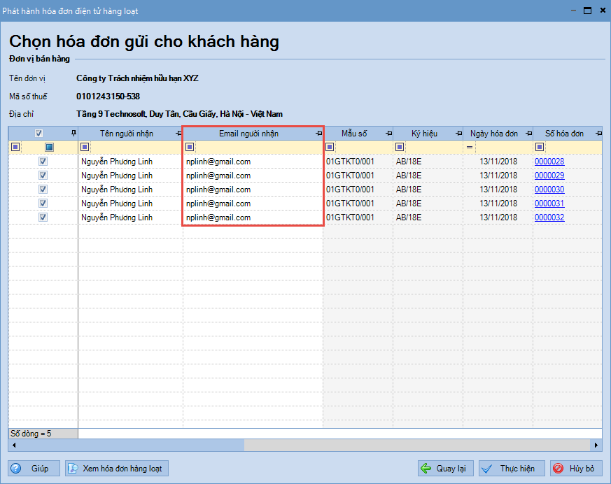 nhập sai email khi phát hành hàng loạt hóa đơn