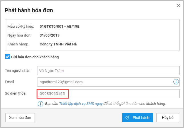 Gửi hóa đơn qua tin nhắn