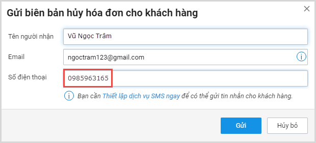 Gửi biên bản hủy hóa đơn qua SMS