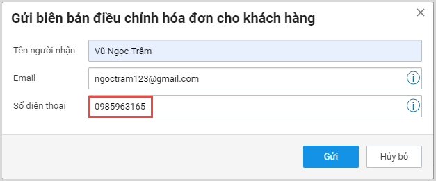 Gửi biên bản điều chỉnh hóa đơn cho khách hàng qua tin nhắn SMS