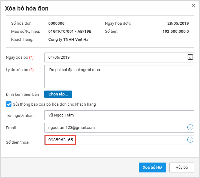 Gửi thông báo xóa hóa đơn qua SMS