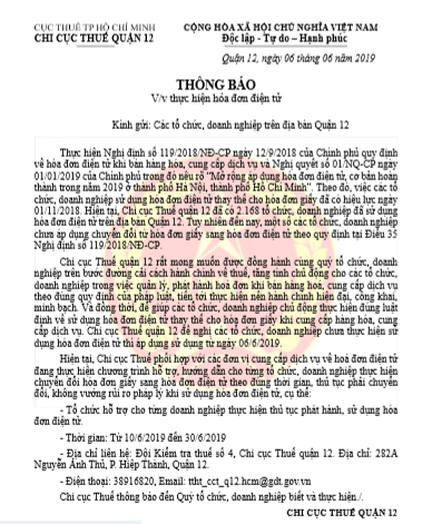 Thông báo áp dụng hóa đơn điện tử của chi cục thuế quận 12