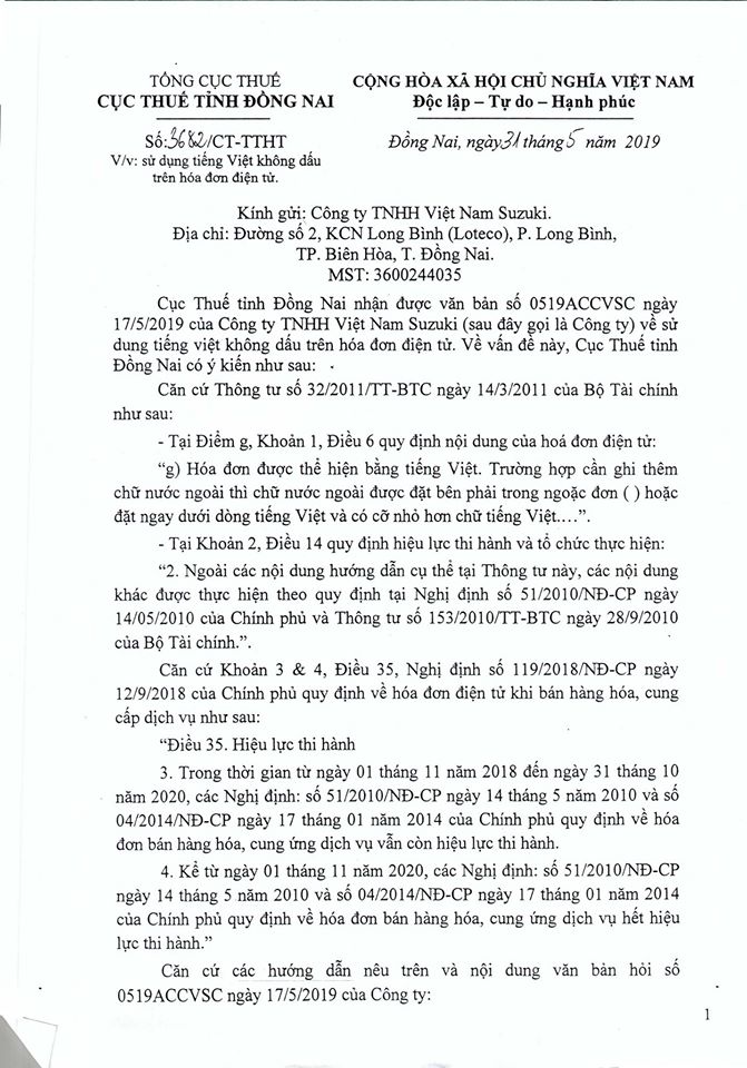 Cục thuế Đồng Nai giải đáp về việc sử tiếng Việt không dấu trên hóa đơn điện tử