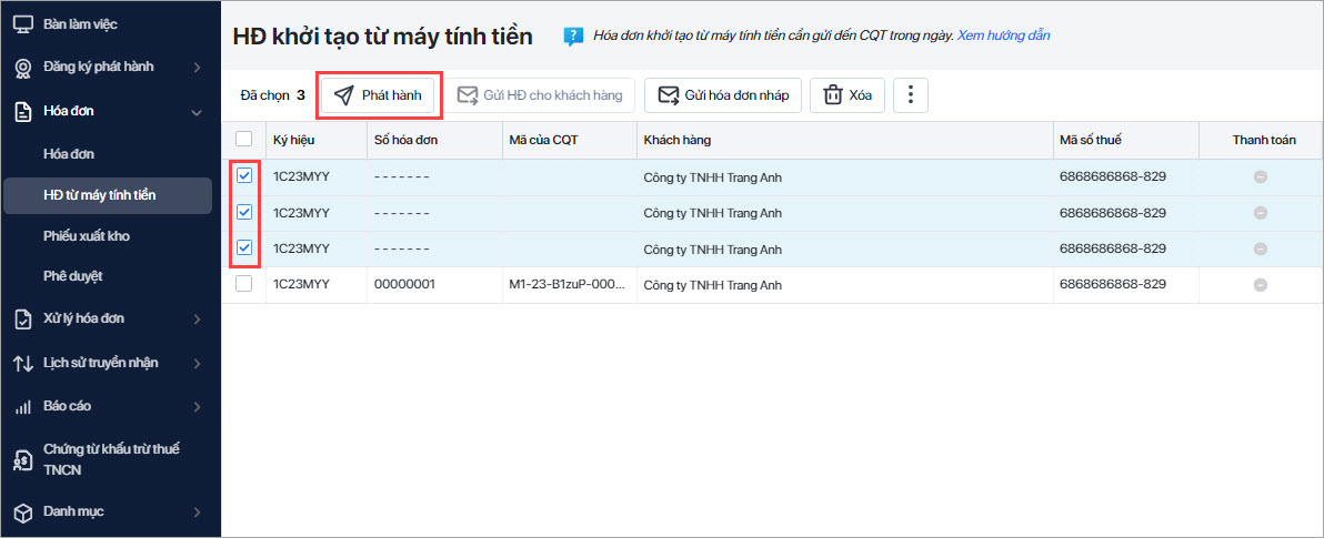 phát hành hàng loạt hóa đơn máy tính tiền