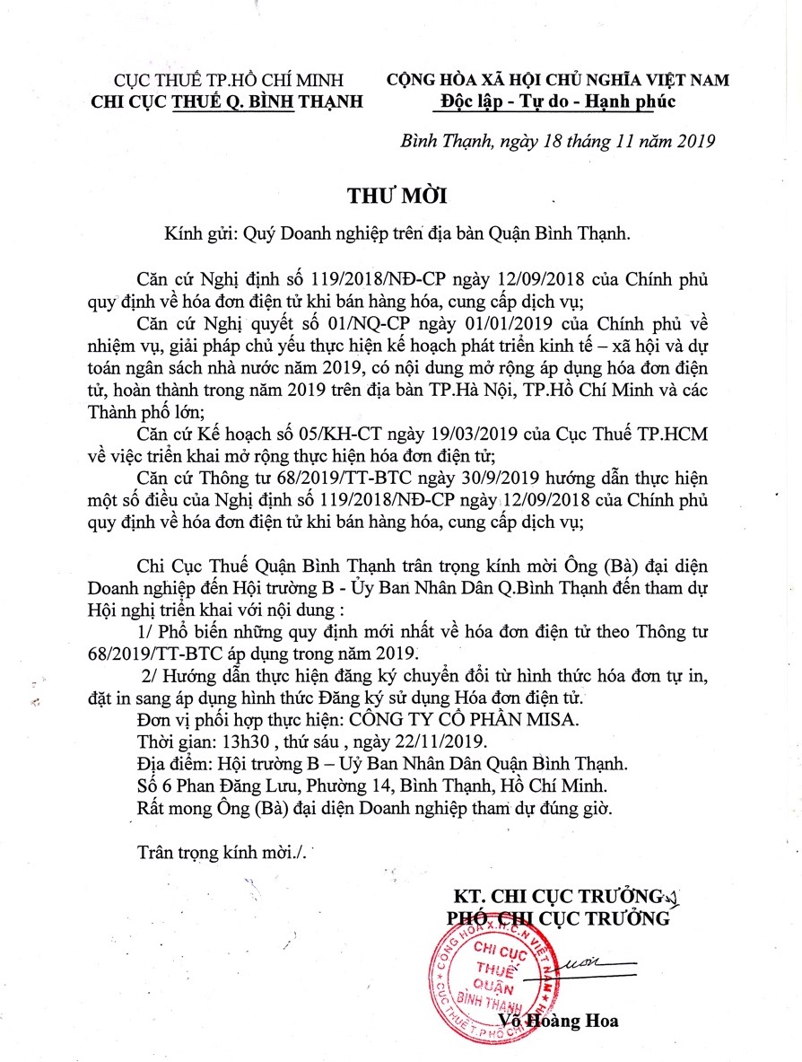 Thư mời hội nghị quy định tại Thông tư 68 và hướng dẫn chuyển đổi hóa đơn điện tử