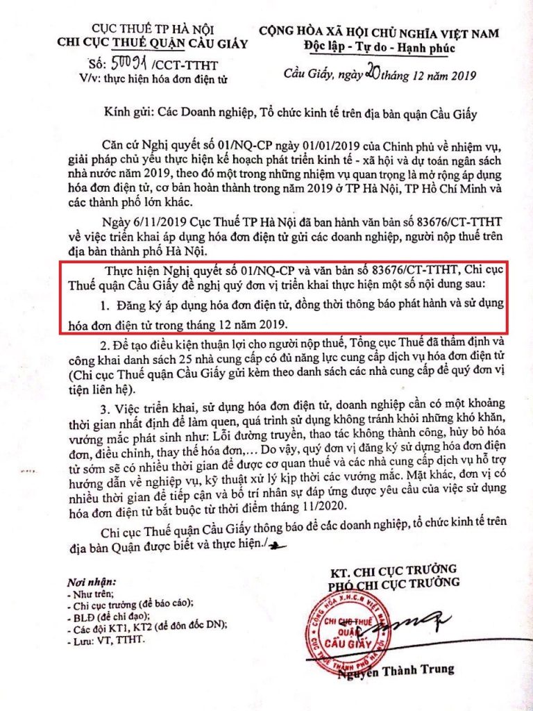 CCT Cầu giáy yêu cầu áp dụng hóa đơn điện tử