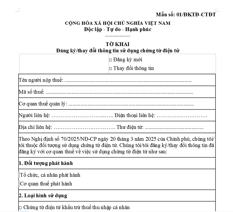 Mẫu số 01/ĐKTĐ-CTĐT đăng ký sử dụng biên lai điện tử