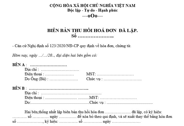 biên bản thu hồi hóa đơn
