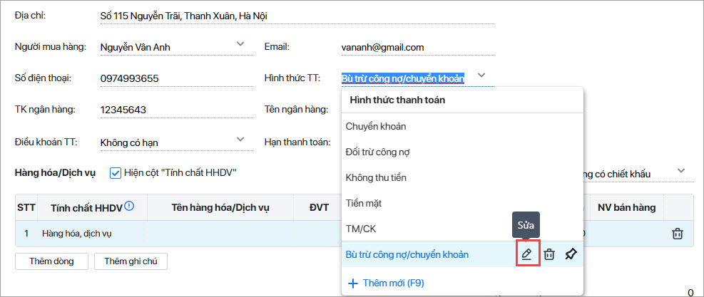 sửa hình thức thanh toán trên MISA meInvoice