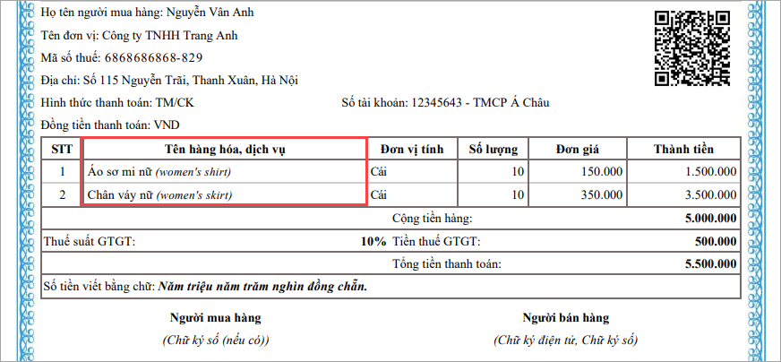 tên hàng hóa dịch vụ tiếng anh