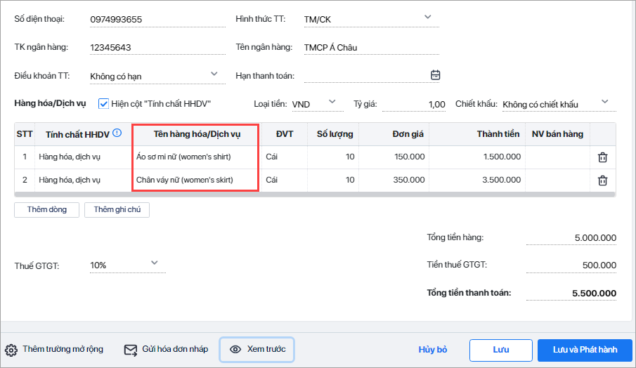 Ghi tên hàng hóa dịch vụ