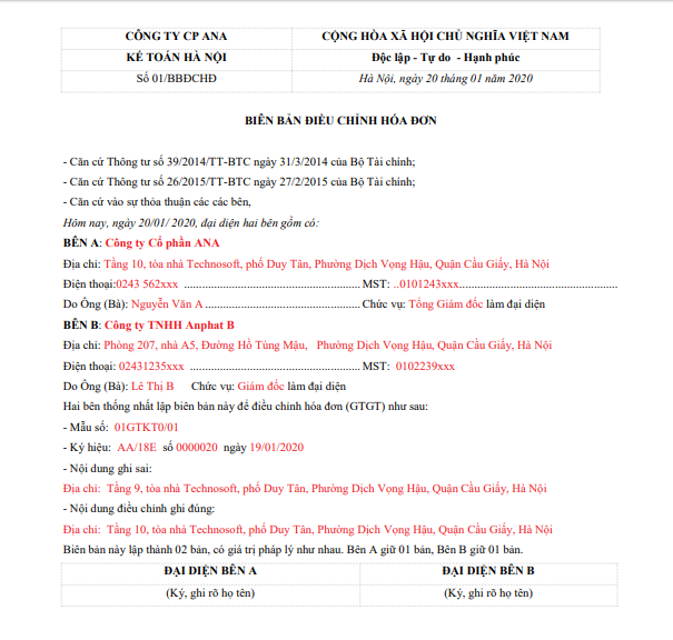 bien ban dieu chinh hoa don