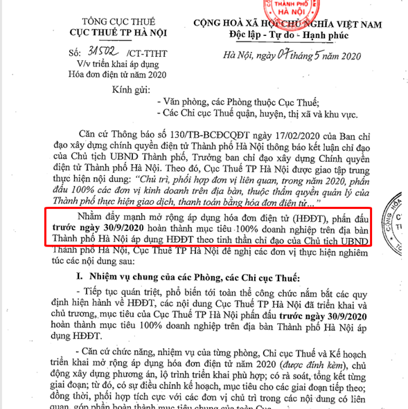 cong van ha noi hoa don dien tu
