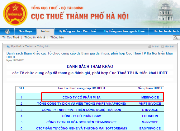 Hóa đơn điện tử MISA top đầu Hà Nội