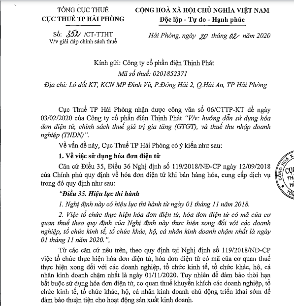 Công văn 352/CT-TTHT Hải Phòng