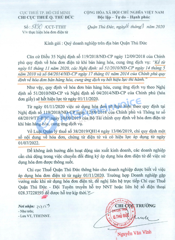hời gian sử dụng hóa đơn điện tử tại Thủ Đức