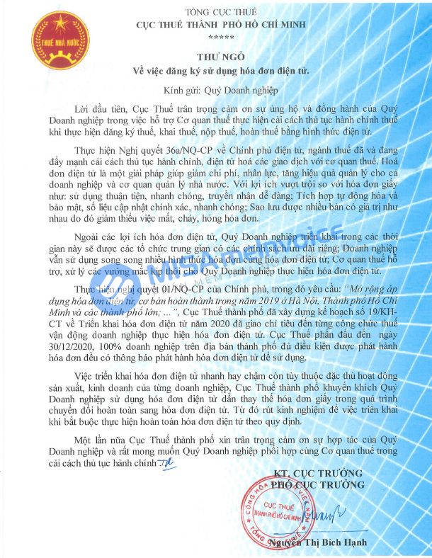 Thời gian Hồ Chí Minh sử dụng hóa đơn điện tử