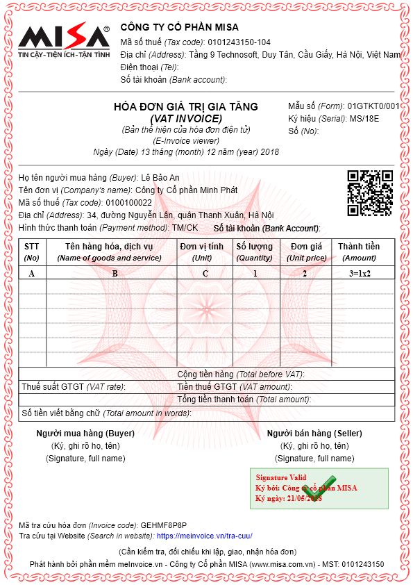 Mẫu hóa đơn điện tử giá trị gia tăng dạng song ngữ