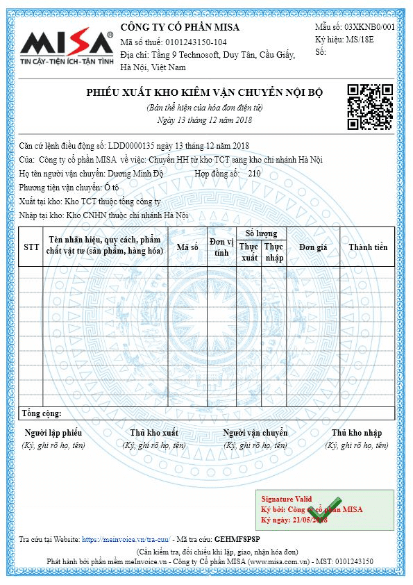 mẫu hóa đơn điện tử phiếu xuất kho