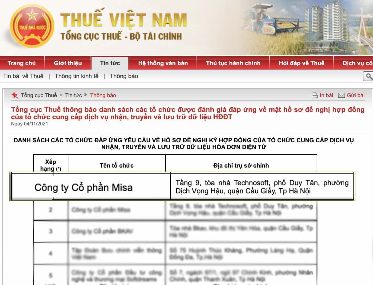 misa meinvoice được tổng cục thuế xác thực