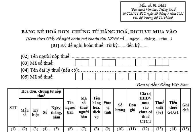 Mẫu bảng kê hóa đơn mua vào
