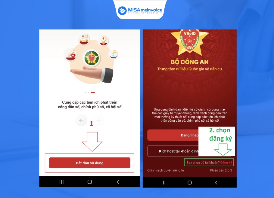 chọn đăng ký để bắt đầu đăng ký tài khoản định danh