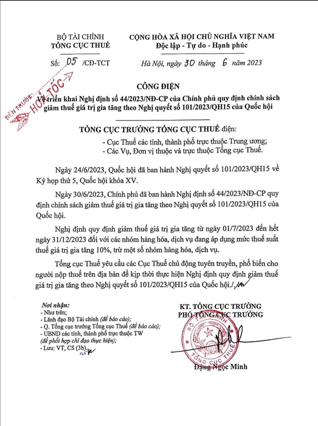 Công điện số 05/CĐ-TCT ngày 30/6/2023 của Tổng Cục Thuế