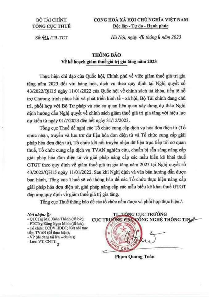 tổng cục thuế thông báo về kế hoạch giảm thuế GTGT