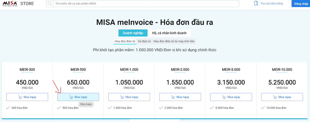 Luồng đặt mua hóa đơn và thanh toán tự động trên trang store của MISA