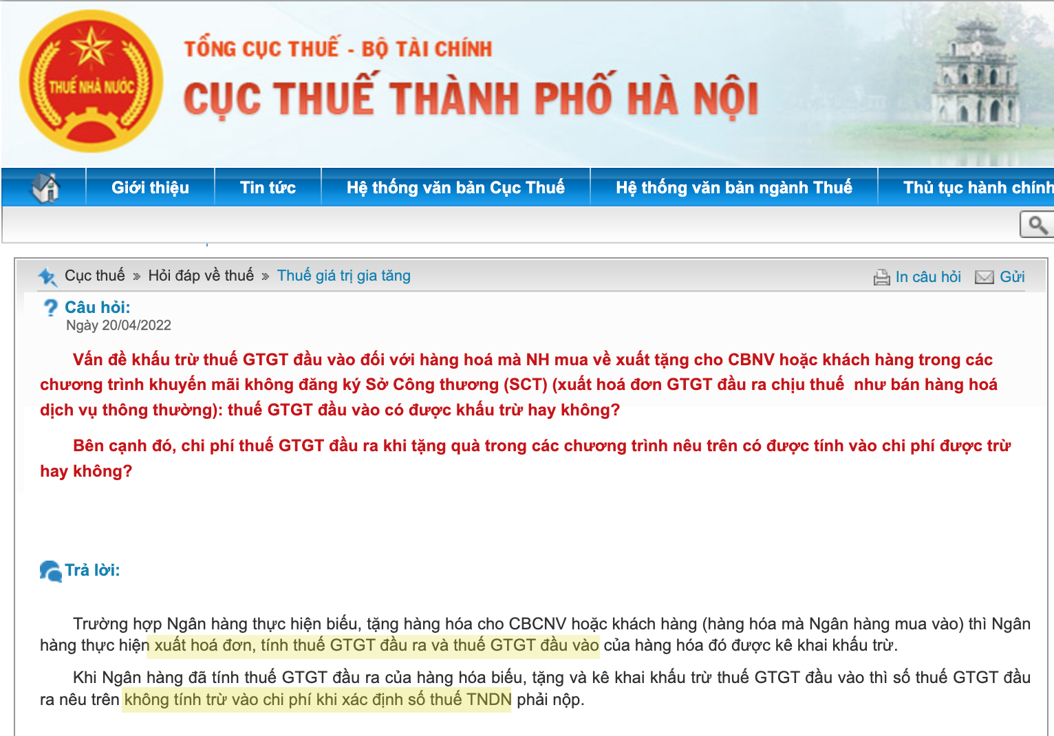 Câu trả lời của Cục Thuế Hà Nội về vấn đề khấu trừ thuế GTGT đầu vào đối với hàng xuất tặng khách hàng, nhân viên