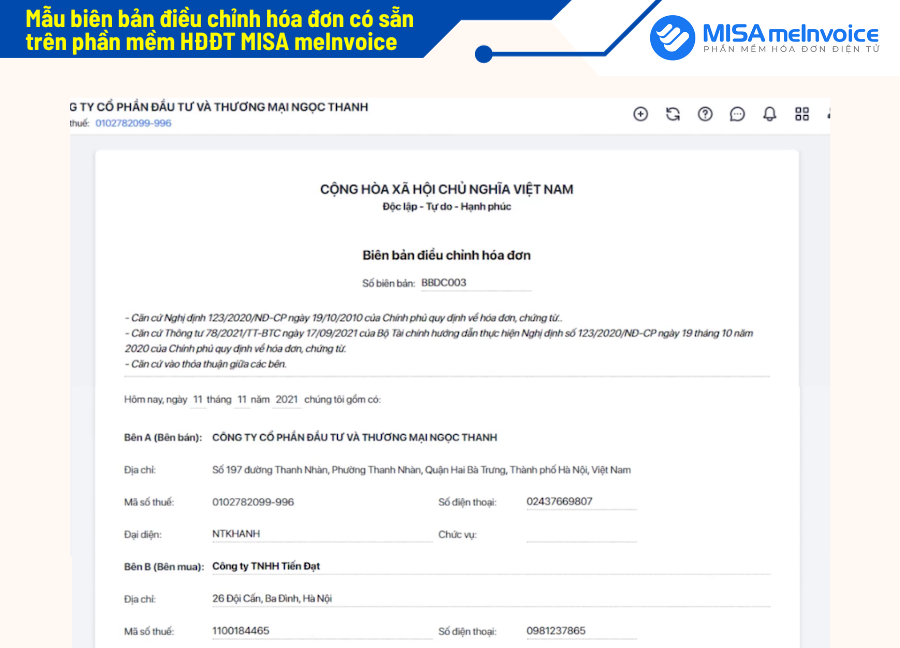 mẫu biên bản điều chỉnh hóa đơn có sẵn trên phần mềm MISA meInvoice
