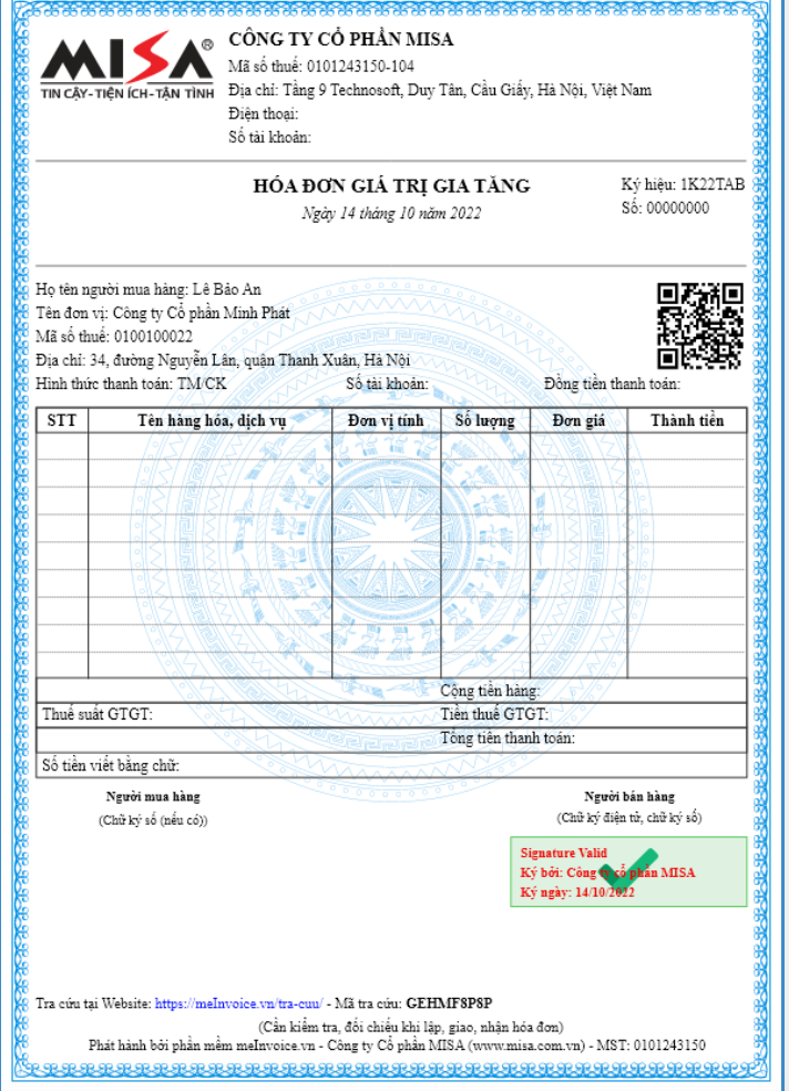 Mẫu hóa đơn điện tử có 1 thuế suất