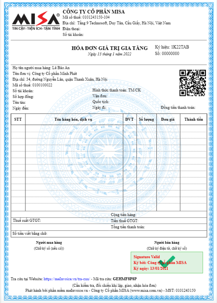 Mẫu hóa đơn điện tử dịch vụ vận tải