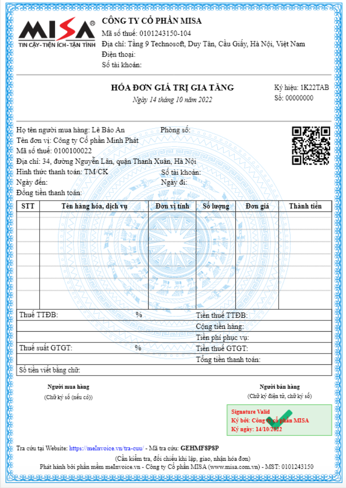 Mẫu hóa đơn điện tử dịch vụ khách sạn
