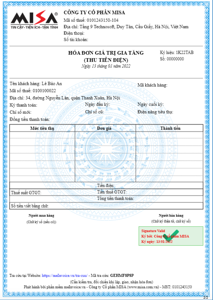 Mẫu hóa đơn thu tiền điện