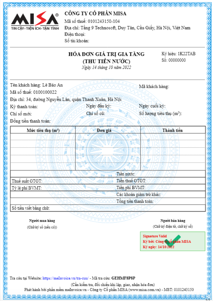 Mẫu hóa đơn thu tiền nước