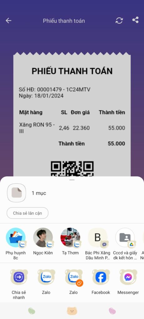 chia sẻ hóa đơn xăng dầu MISA qua Zalo/Messenger/SMS... cho khách hàng