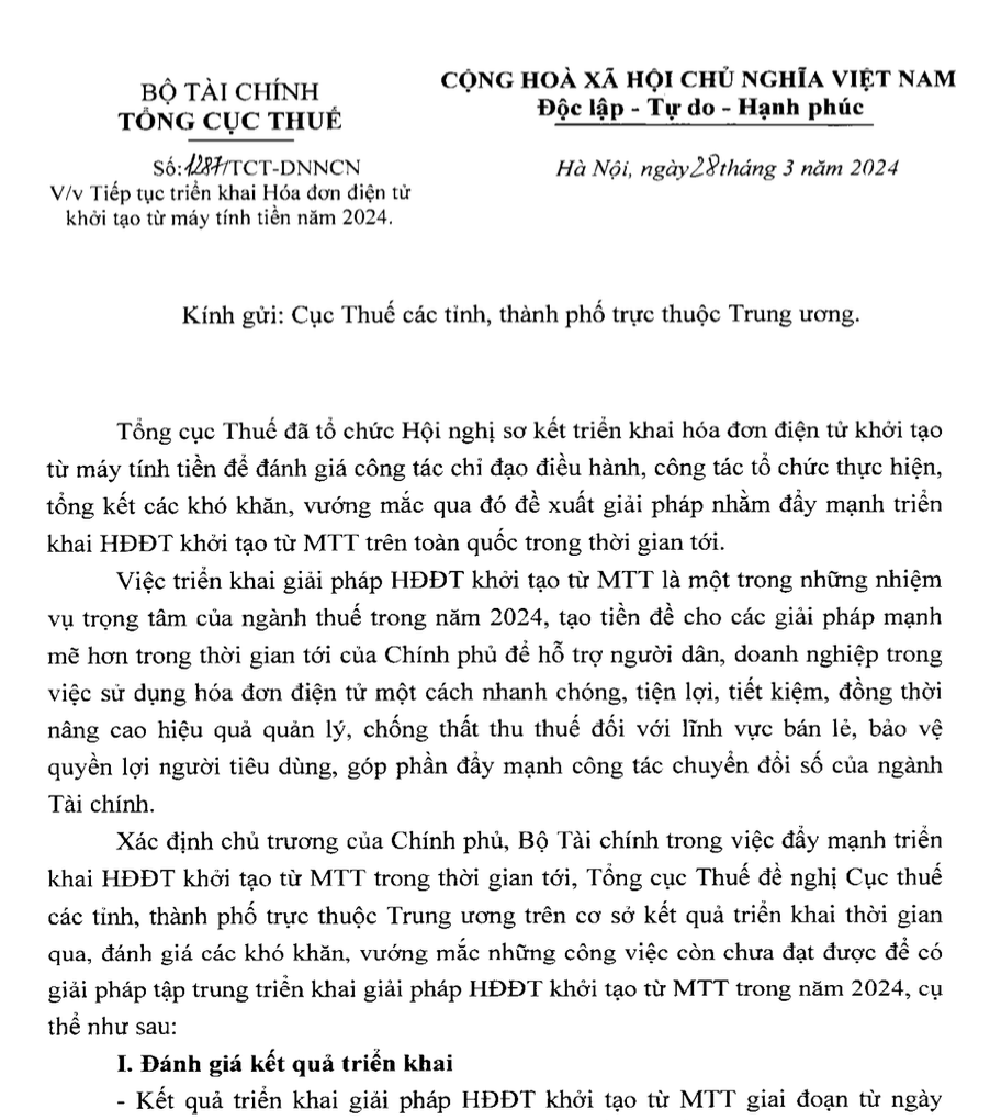 Công văn 1287/TCT-DNNCN ngày 28/03/2024 vv tiếp tục triển khai hóa đơn điện tử máy tính tiền
