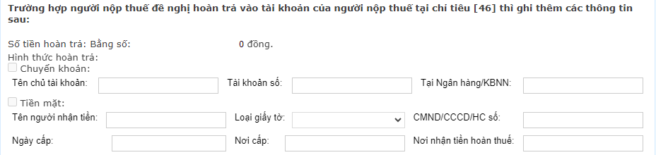 Điền thông tin số tài khoản để nhận tiền hoàn thuế