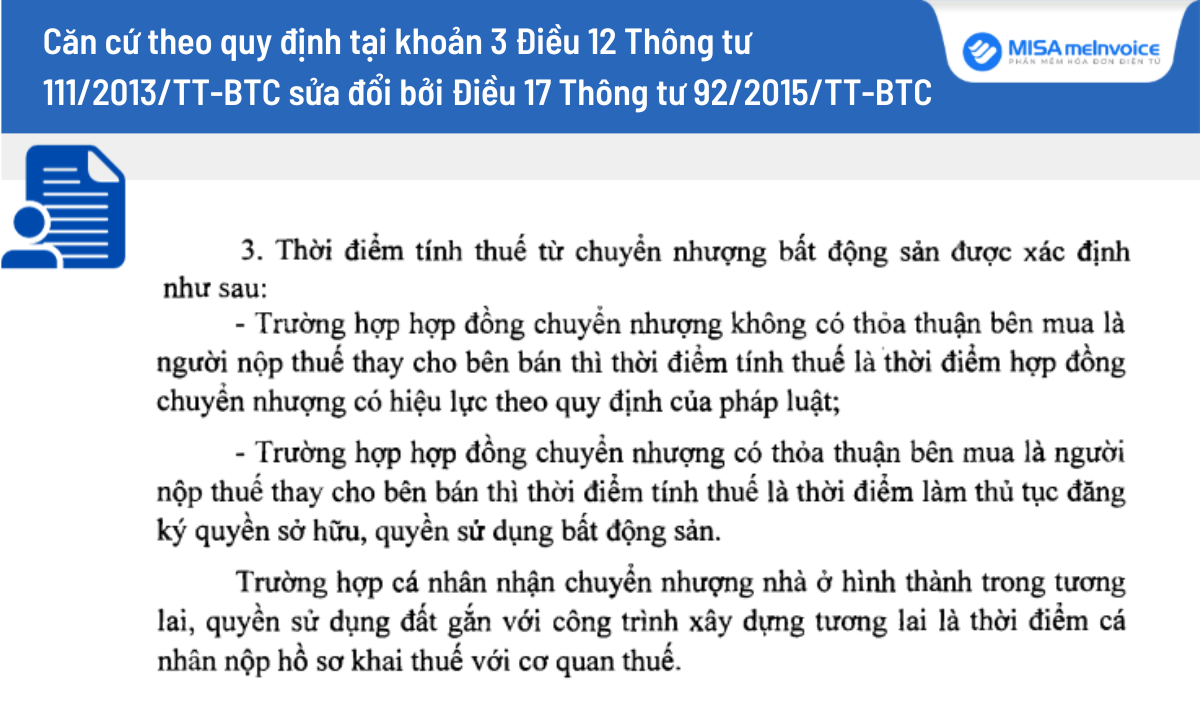 thời điểm tính thuế chuyển nhượng bất động sản