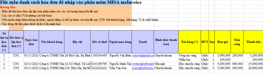file excel hóa đơn vàng