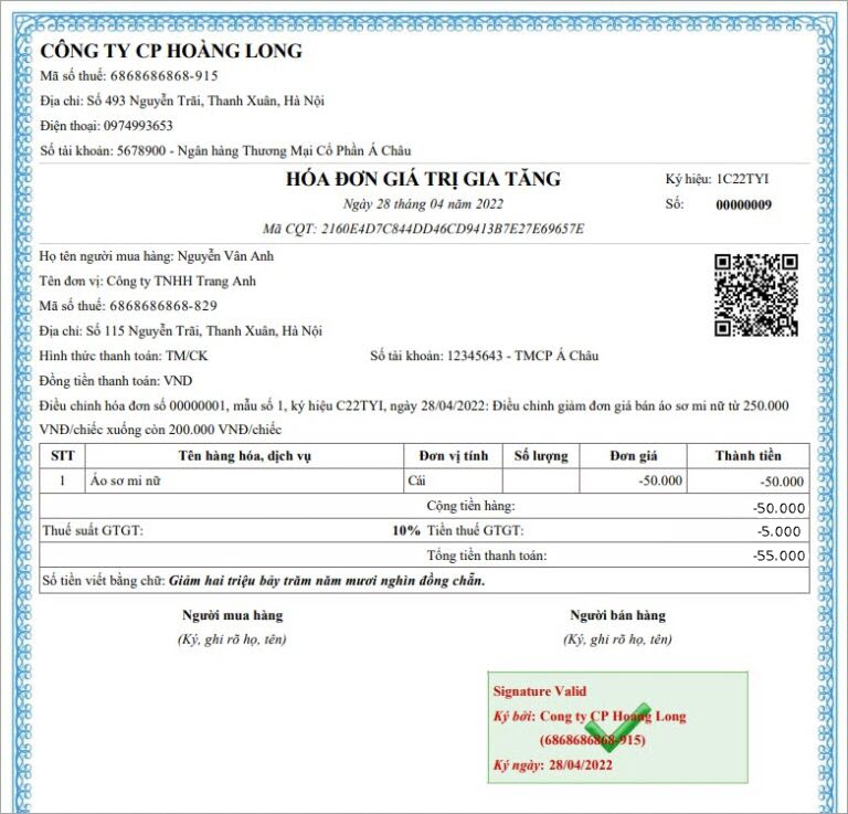 hóa đơn điều chỉnh giảm