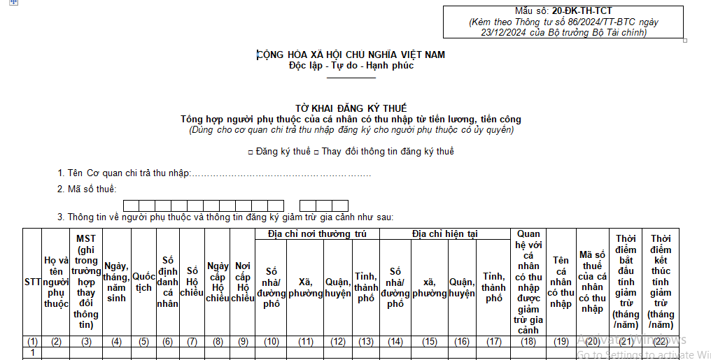 Mẫu số 20-ĐK-TH-TCT